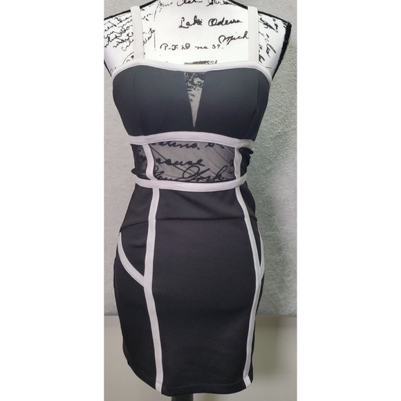 XOXO Bodycon Dress Womens Medium Black Sheer Panel Polyester Sleeveless Back Zip - Picture 1 of 10